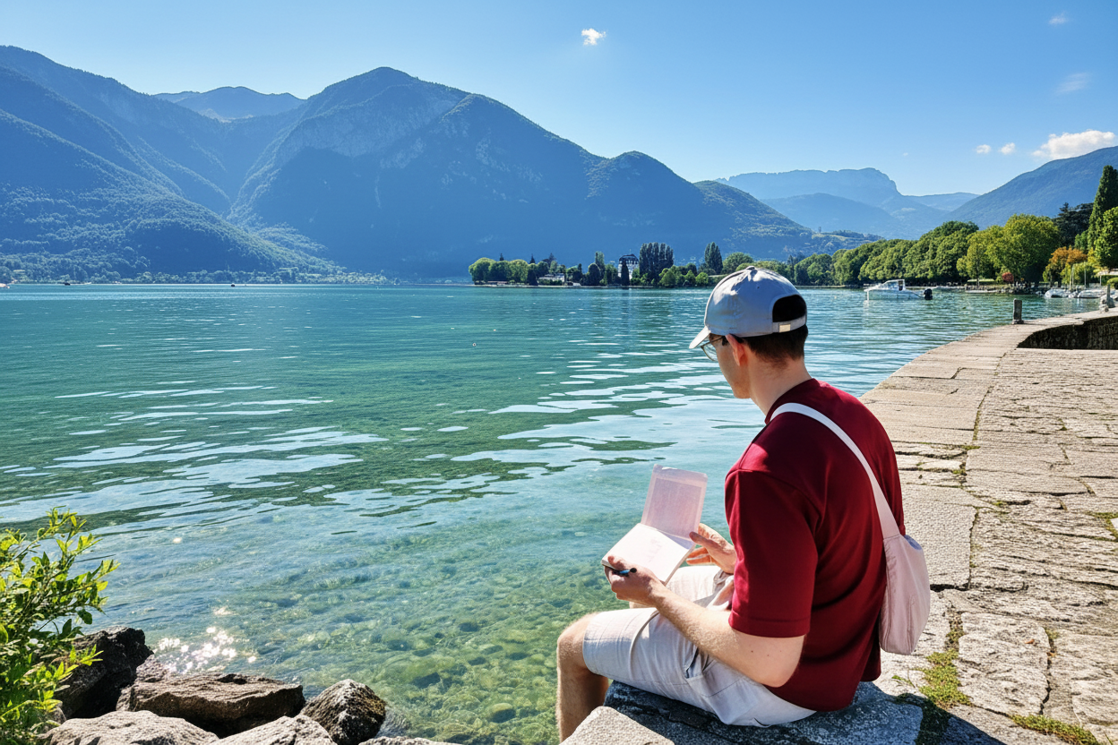 Artist sketching by Alpine lake